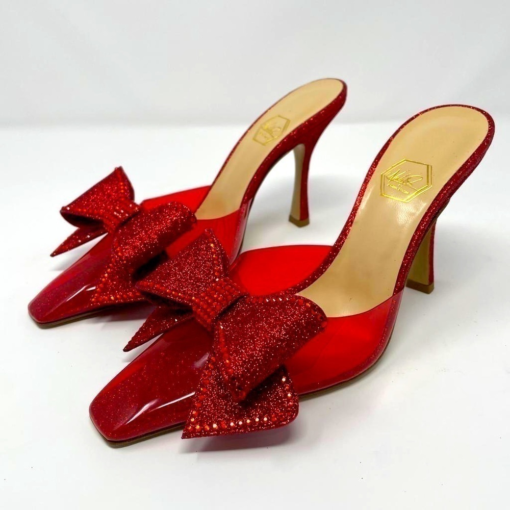 NIB Nalebe By Amina Means Reflections Dimante PVC Glitter Bow Heels Mule Pumps